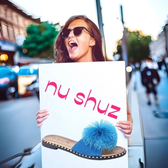 New Color! Turquoise Pom Pom Studded Flat Mule Sandals - Picture 2 of 6